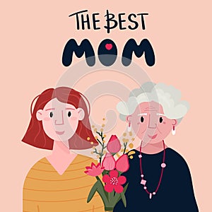 Happy mothers day. Young Caucasian Woman and old Lady together with tulips. Daughter celebrate Mother with Birthday. The