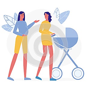 Happy Mothers on Stroll Flat Vector Illustration