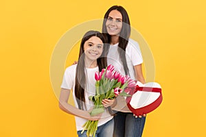 happy mothers and womens day. spring flower bouquet gift. childhood and motherhood.