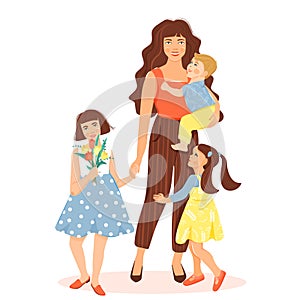 Happy motherâ€™s day greeting card. Beautiful woman with her children.