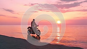 Happy Motorcyclist Rides Bike on Beach at Sunset