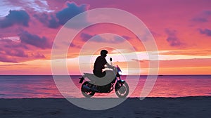 Happy Motorcyclist Rides Bike on Beach at Sunset