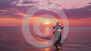 Happy Motorcyclist Rides Bike on Beach at Sunset