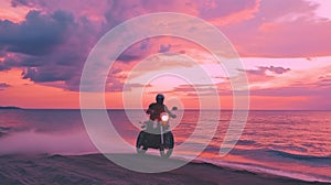 Happy Motorcyclist Rides Bike on Beach at Sunset