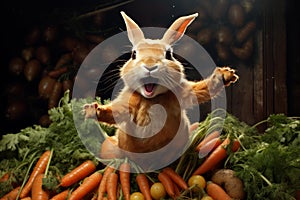 Happy mountain rabbit with heap of carrots. Generate ai