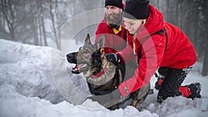 Happy mountain rescue service with dog on operation outdoors in winter in forest, digging snow.
