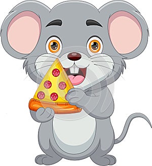 Happy mouse holding a slice of pizza cartoon