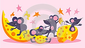 Happy mouses and cheese slices vector illustration. Group of cute little mouses rodents having fun eating cheese