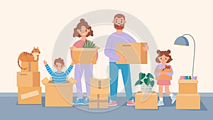 Happy moving family. Cartoon parents and kids move to new home, packing belongings. People carry boxes. Moving to