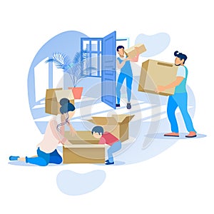 Happy Moving House Family Cartoon Illustration