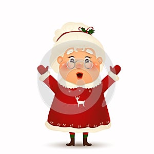 Happy Mrs. Claus cartoon character isolated. Christmas Cute, Cheerful, funny wife Mrs Claus waving hands and greeting