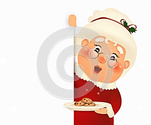 Happy Mrs. Claus cartoon character isolated on white background. Christmas Cute wife Mrs Claus waving hands and greeting