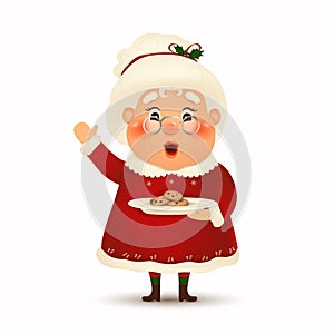 Happy Mrs. Claus cartoon character isolated on white background. Christmas Cute wife Mrs Claus waving hands and greeting