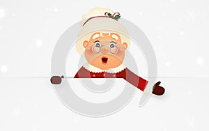 Happy Mrs. Claus cartoon character standing behind a blank sign, showing on big blank sign with falling snow. Cute