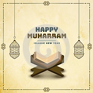 Happy muharram background with holy book of quraan photo