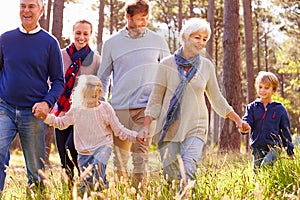 Happy multi-generation family walking in the countryside