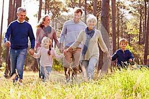 Happy multi-generation family walking in the countryside photo