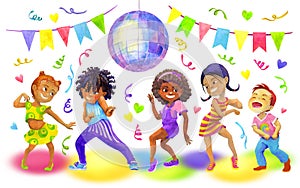 Happy multicultural boy and girls dancing, having fun in kids party. Celebrating concept. Isolated watercolor illustration for