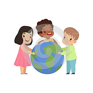 Happy multicultural little kids sitting around the globe together, friendship, unity concept vector Illustration on a