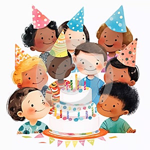 Happy multiethnic children with birthday cake. Cartoon illustration of little kids celebrating birthday, isolated on white