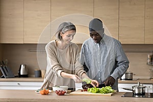 Happy multiethnic couple prepare vegetable salad together