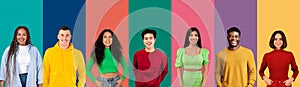 Happy multiethnic millennials smiling on colorful backgrounds