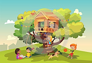 Happy multiracial boys and girls playing and having fun in the treehouse, kids playing with dog, and watering gun
