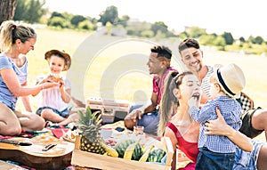 Happy multiracial families having fun with kids at picnic barbecue party - Multicultural happiness on joy and love concept