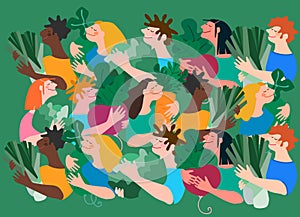 Happy multiracial people holding giant vegetables. Vector background. Concept of harvesting, agritourism, healthy eating