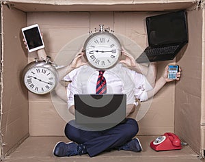 Happy multitasking businessman ready for new challenges at work, clock instead of head