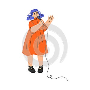 Happy Musical Teen Girl Character Standing and Singing with Microphone Vector Illustration