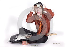 Happy musician with dollars