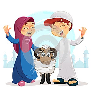 Happy Muslim Boy and Girl with Sheep