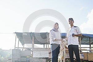Muslim couple buy a goat for eid adha sacrifice or idul qurban photo