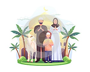 Happy Muslim family celebrates Eid Al Adha Mubarak with a goat in a front mosque. vector illustration