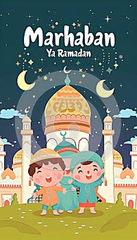 Happy muslim family in front of mosque with ramadan kareem and text Marhaban Ya Ramadan on the top
