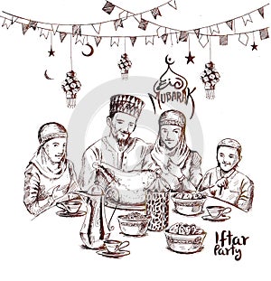 Happy Muslim family Ramadan Kareem Iftar party celebration, Hand