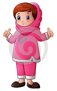 Happy muslim girl cartoon giving thumb up isolated on white background