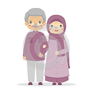 Happy Muslim Grandparent Couple Holding Hand Characters Vector