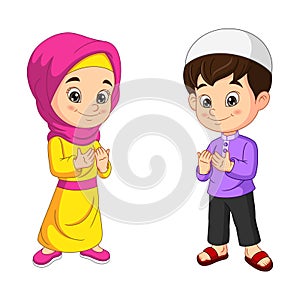 Happy muslim kids cartoon praying