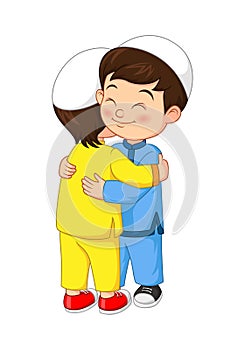 Happy Muslim kids hugging celebrating Eid Al Fitr