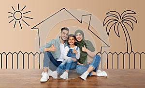 Happy muslim man, woman and girl showing thumb up