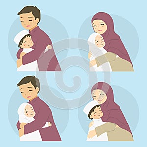 Happy Muslim Parents Hugging Their Children Vector Set