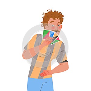 Happy Mustached Man with Cards Playing Board Game Having Fun on Weekend Vector Illustration