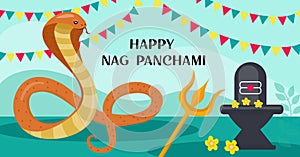 Happy Nag Panchami greeting card with king cobra. Snake Festival in India. Vector illustration