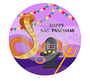 Happy Nag Panchami greeting card with king cobra. Snake Festival in India. Vector illustration.