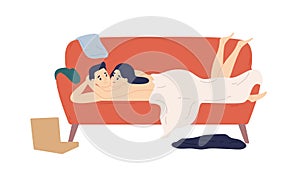 Happy naked couple lying on couch after sex vector flat illustration. Cartoon man and woman spending time together