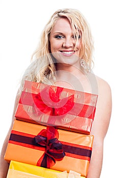 Happy naked woman with gifts