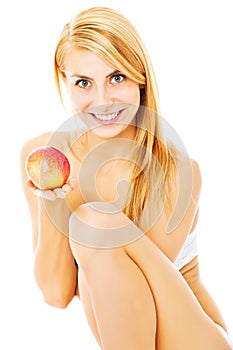 Happy Naked Woman Holding Apple Over White Background