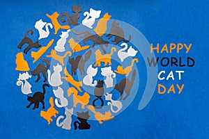 Happy National Cat Day. Black, orange and grey funny cat silhouettes on blue background. Festive layout for feline holiday, text